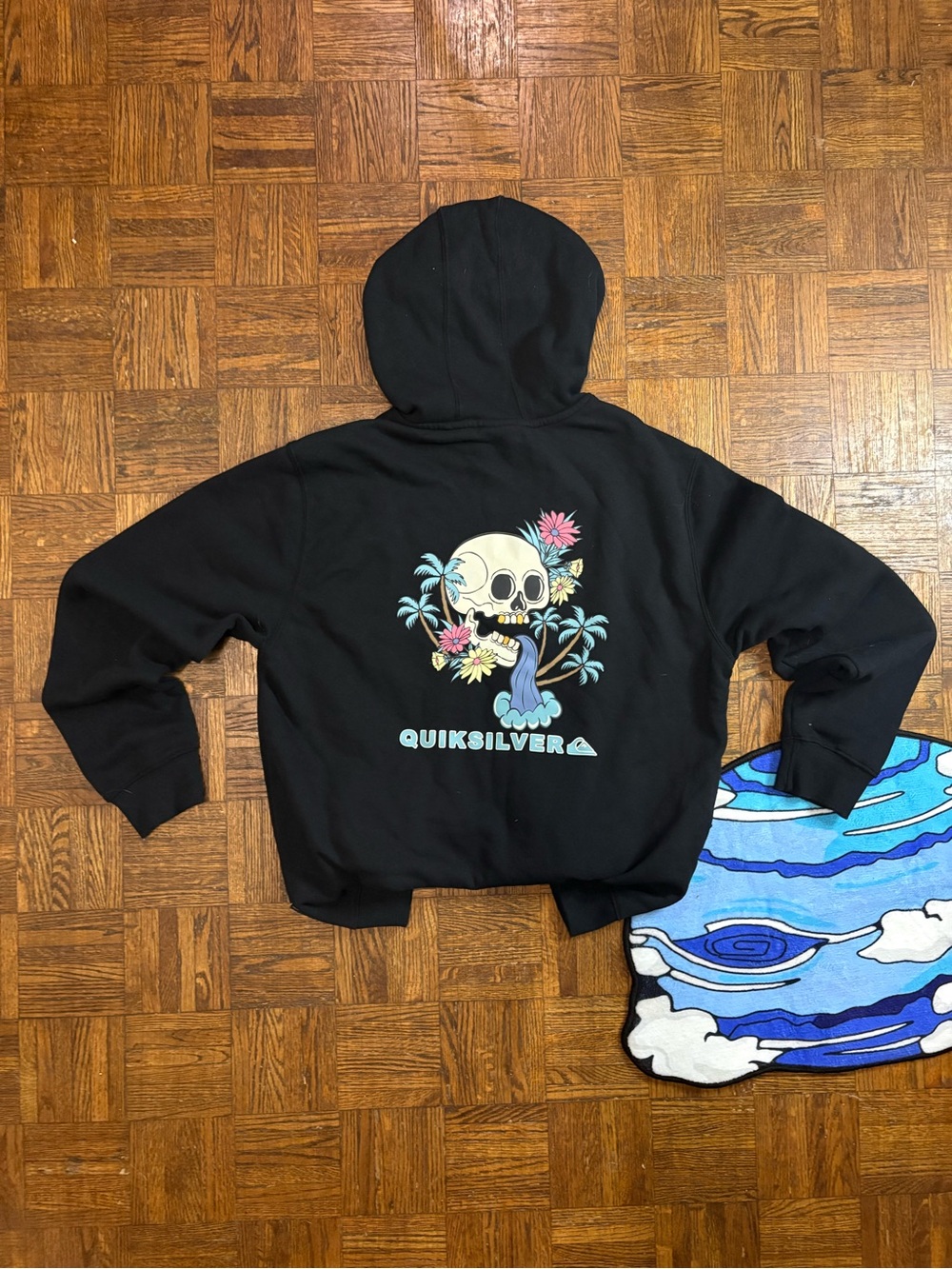 Quiksilver Black Hoodie with Pastel Skull & Floral Back Graphic